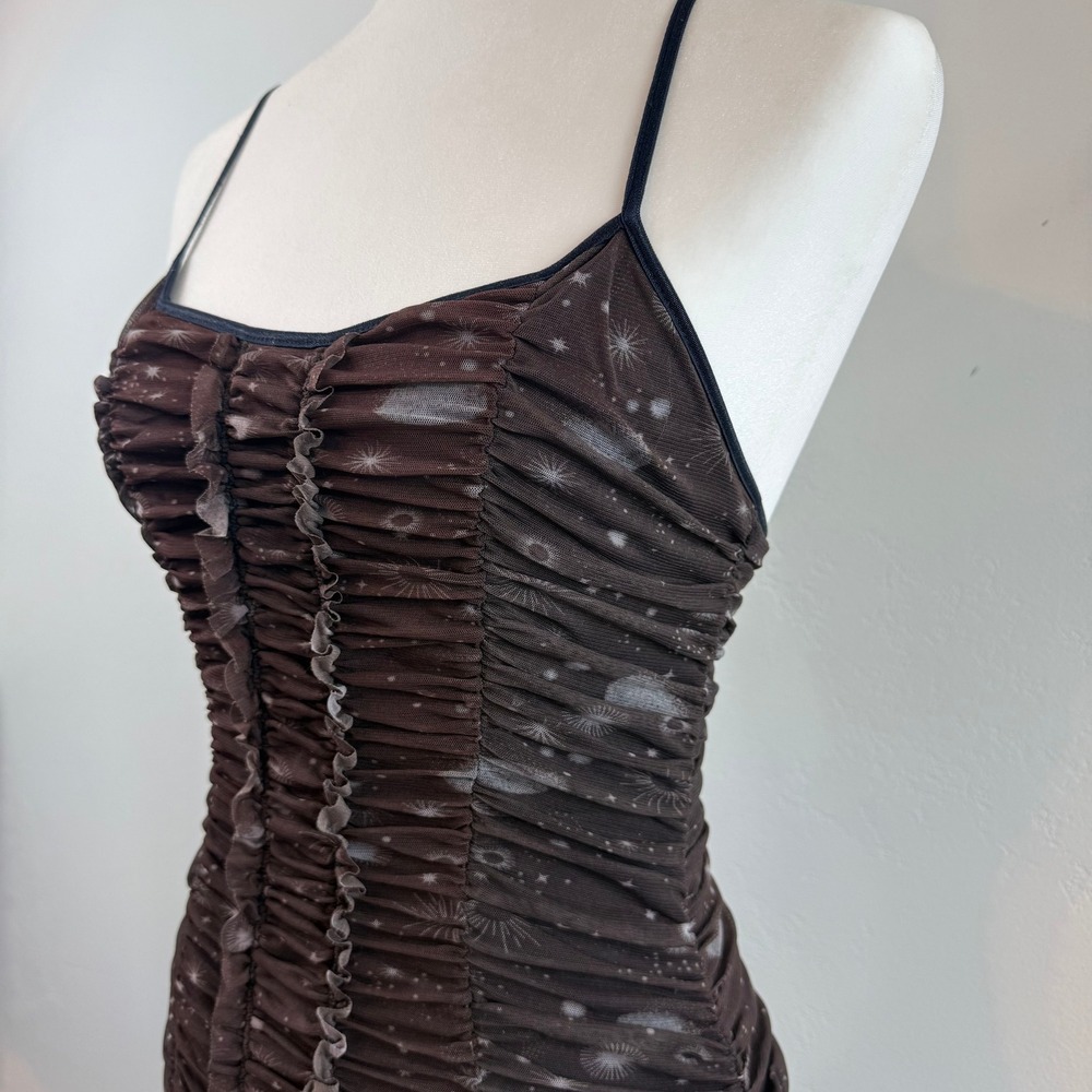 Urban Outfitters Tegan Celestial Mesh Bodycon Mini Dress Brown Whimsygoth XS - Picture 4 of 13